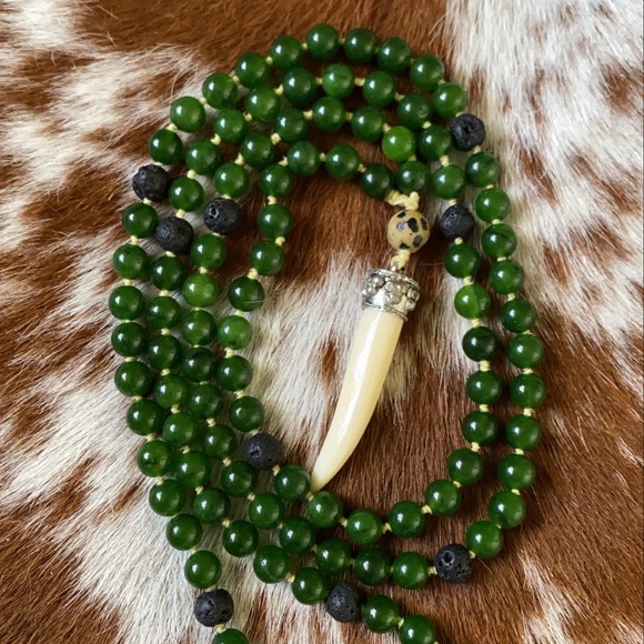 Jade with Lava Beads and bone charm Necklace - Picture 9 of 13